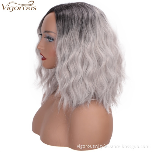 Vigorous Ombre Gray Wigs Short Bob Wavy Fashion Wig for Women Side Part Natural Wave Synthetic Cosplay Wigs